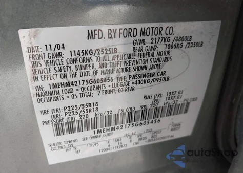 2005 Mercury Montego Premier from USA, damaged, VIN 1MEHM42175G605456